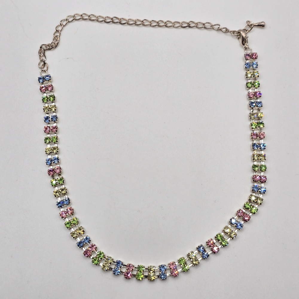 Multi Color‎ Rhinestone Choker Necklace Women Silver Tone Y2K Pastel